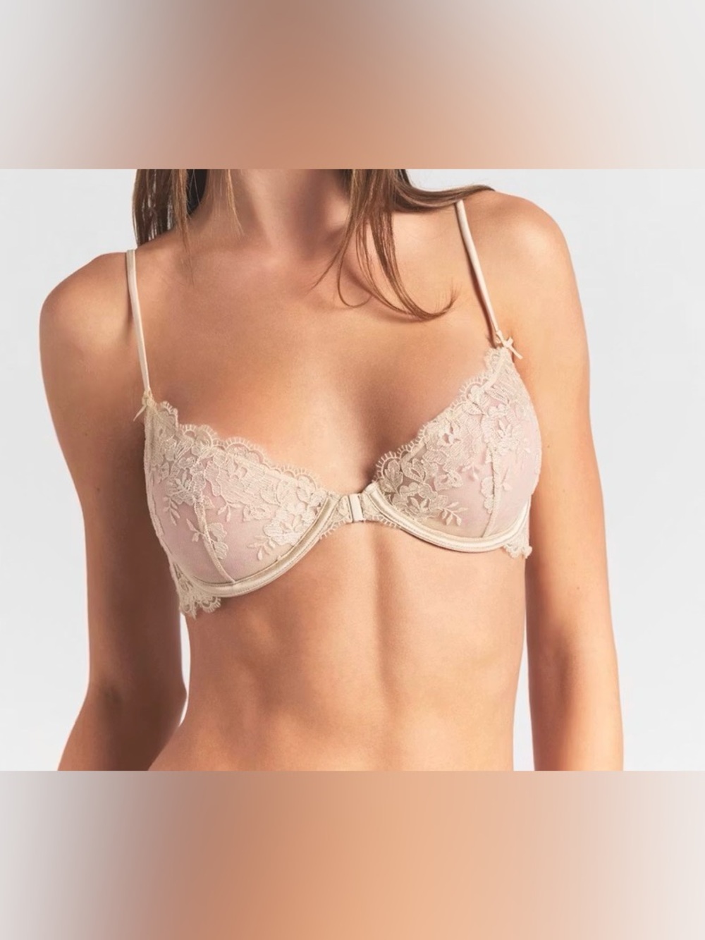 SKIMS Embroidered Lingerie Front Close Unlined Demi Bra Size 32C Champagne NWT